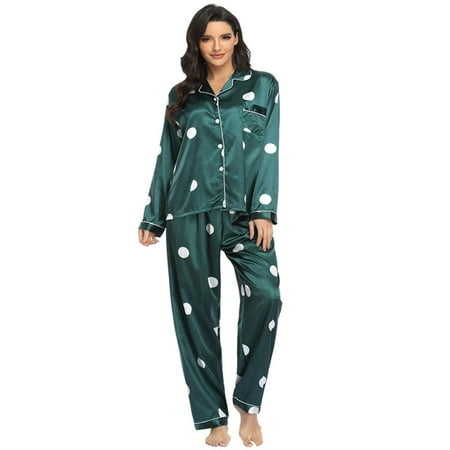 

Womens Silk Satin Pajamas Long Sleeve Loungewear Two-piece Sleepwear Button-Down Pj Set