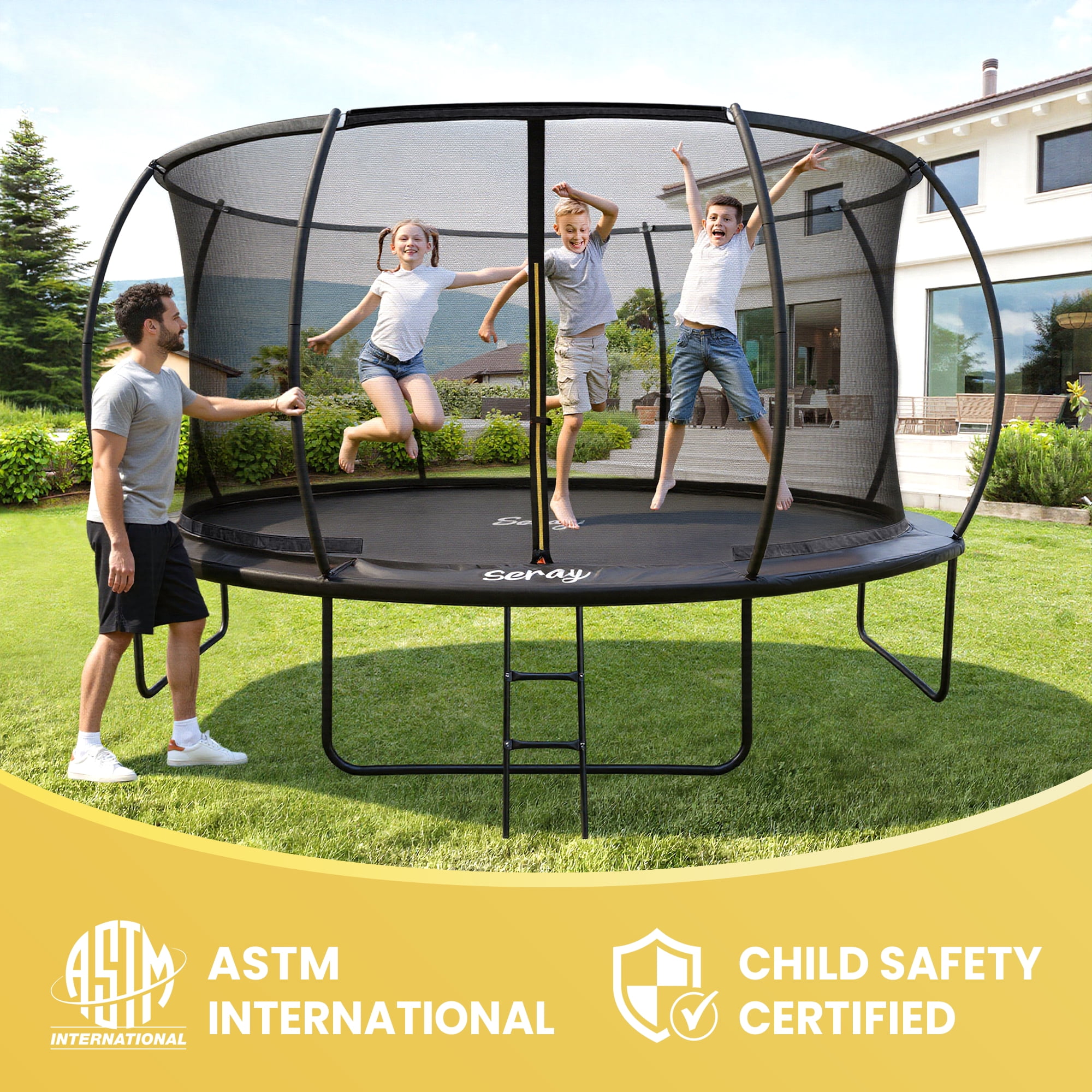 SERAY 10FT, 12FT, 14FT Outdoor Trampoline with Safety Enclosure Net, Ladder and Rust-Resistant Frame, ASTM Certified Backyard Trampoline for Kids and Adults