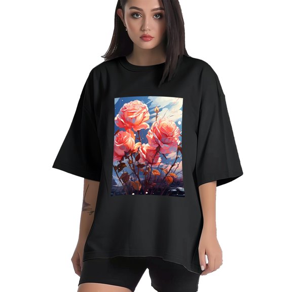 Plus Size Shirt for Women Black Tops for Women Short Sleeves Shirt for Women Rose And Sky4 T Shirt Crewneck Shirt for Women XS