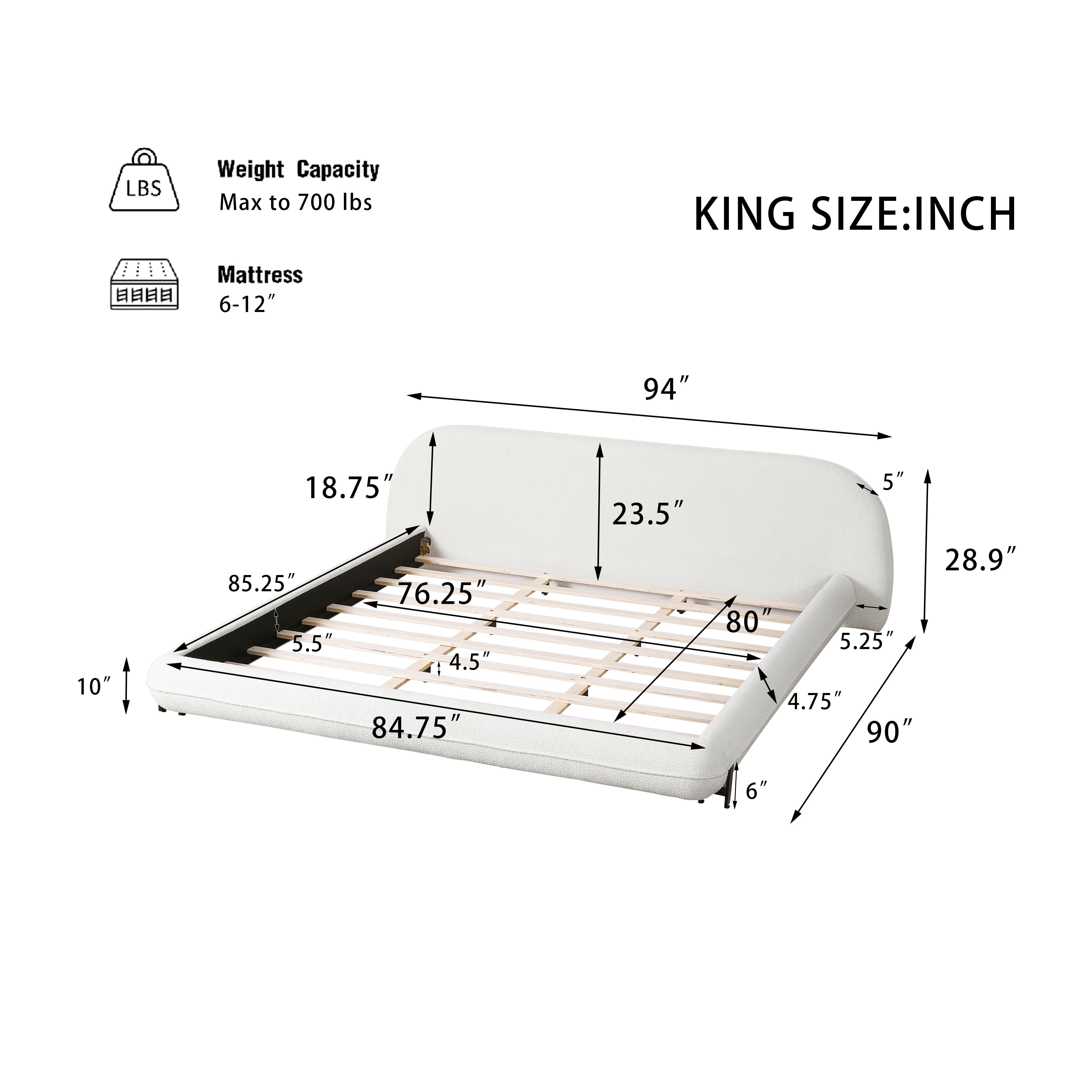 King Size Bed Frame with Soft Boucle Fabric, Curved Thick Padded Headboard, Upholstered Platform Bed for Bedroom, White