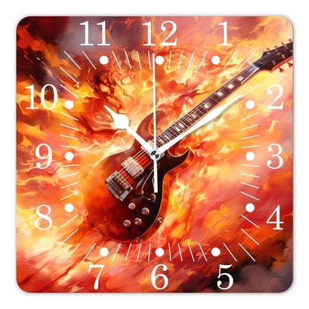14 Inch Wall Clock Battery Operated Square Clock for Office, Kitchen, Outdoor, Living Room,Fire Rock Guita Image