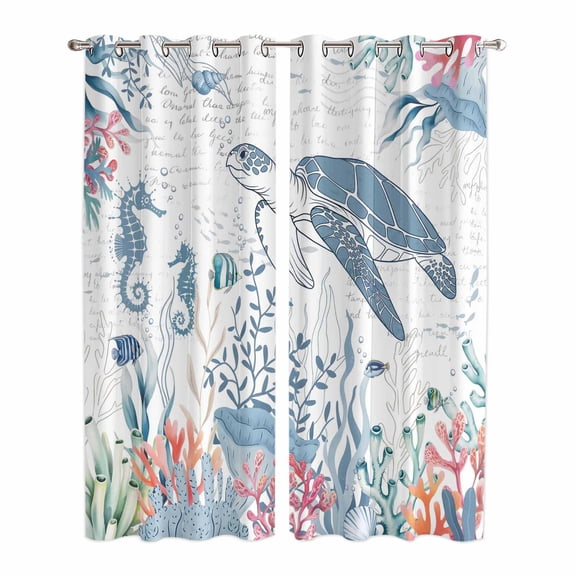 Blue Sea Turtle Kitchen Curtains Window Panels, Coastal Summer Beach Coral Seahorse Insulated Window Treatment Curtain, Grommet Curtains for Bedroom/Living Room/Bathroom, 2 Piece 42"Wx84"L