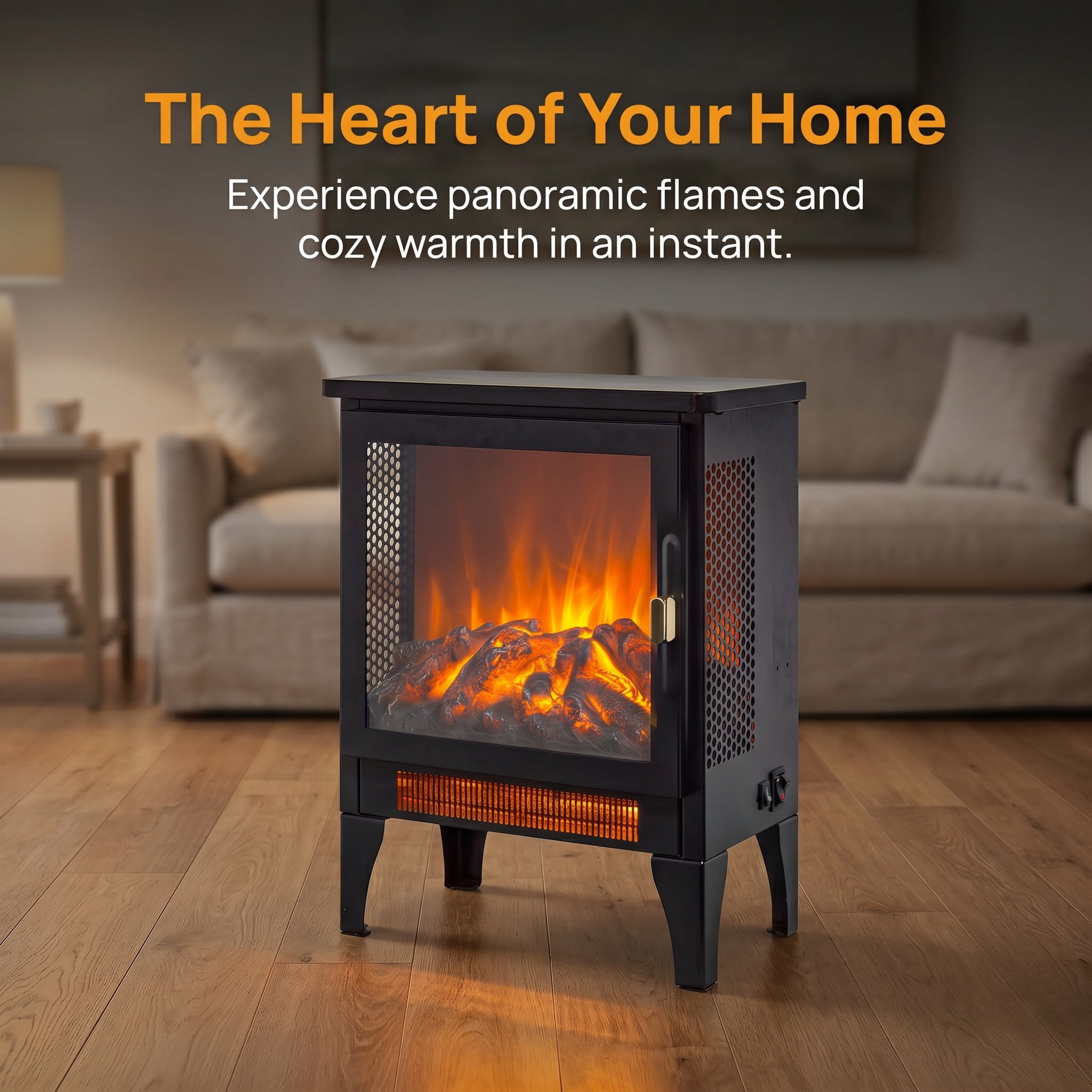 17" Freestanding Electric Fireplace Stove Heater with 3D Flame Effect, Black