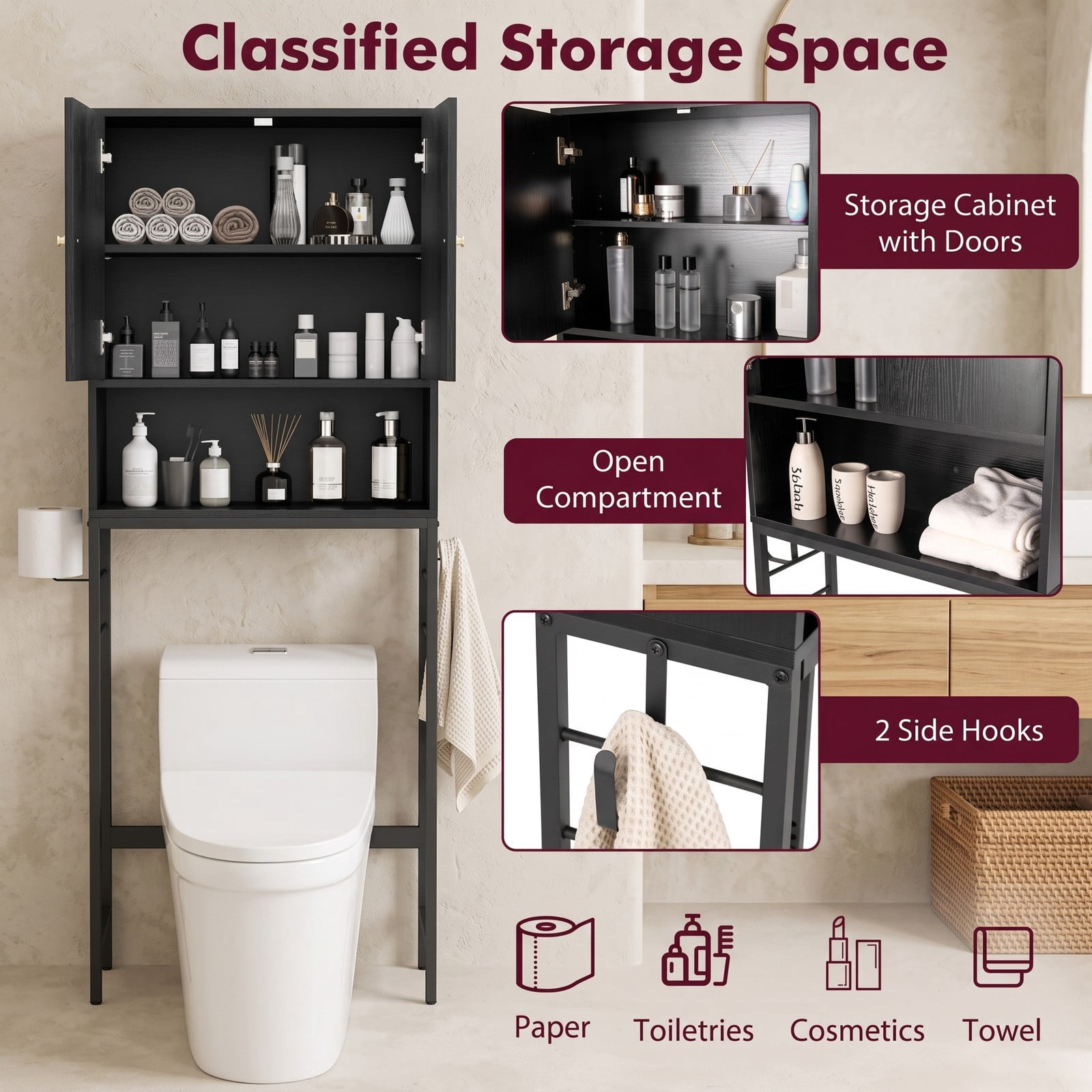 ALPULON Tall Over the Toilet Storage Cabinet with 2 Doors and Adjustable Shelf for Small Bathroom and Laundry Room, Black