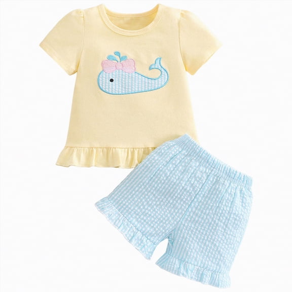 kpoplk Toddler Baby Girl Clothes Outfits,Summer Ruffle Ribbed Flower T Shirt Shorts Set Clothes for Girls(Light Yellow,12-18 M)