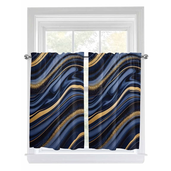 Navy Blue Golden Marble Kitchen Curtains 45 Inches length, Modern Abstract Marble Flow Window Treatment Curtain Drapes, Lightweight Window Panels for Living Room Bedroom, 52"x45", 2 Panels