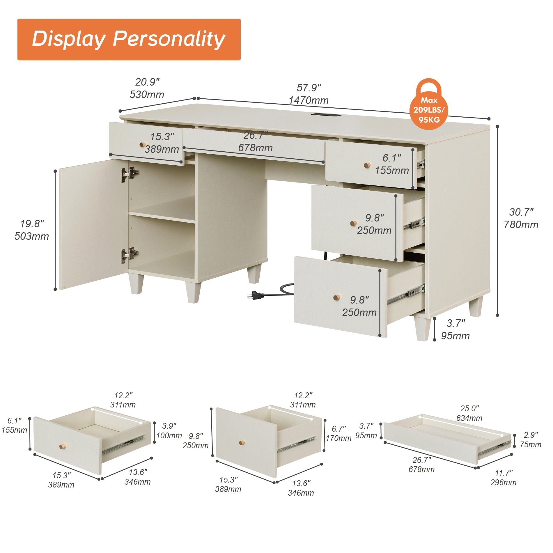58" Wooden Vanity Desk with Drawers and Cabinet, Modern Makeup Charging Table with Storage for Bedroom, Beige