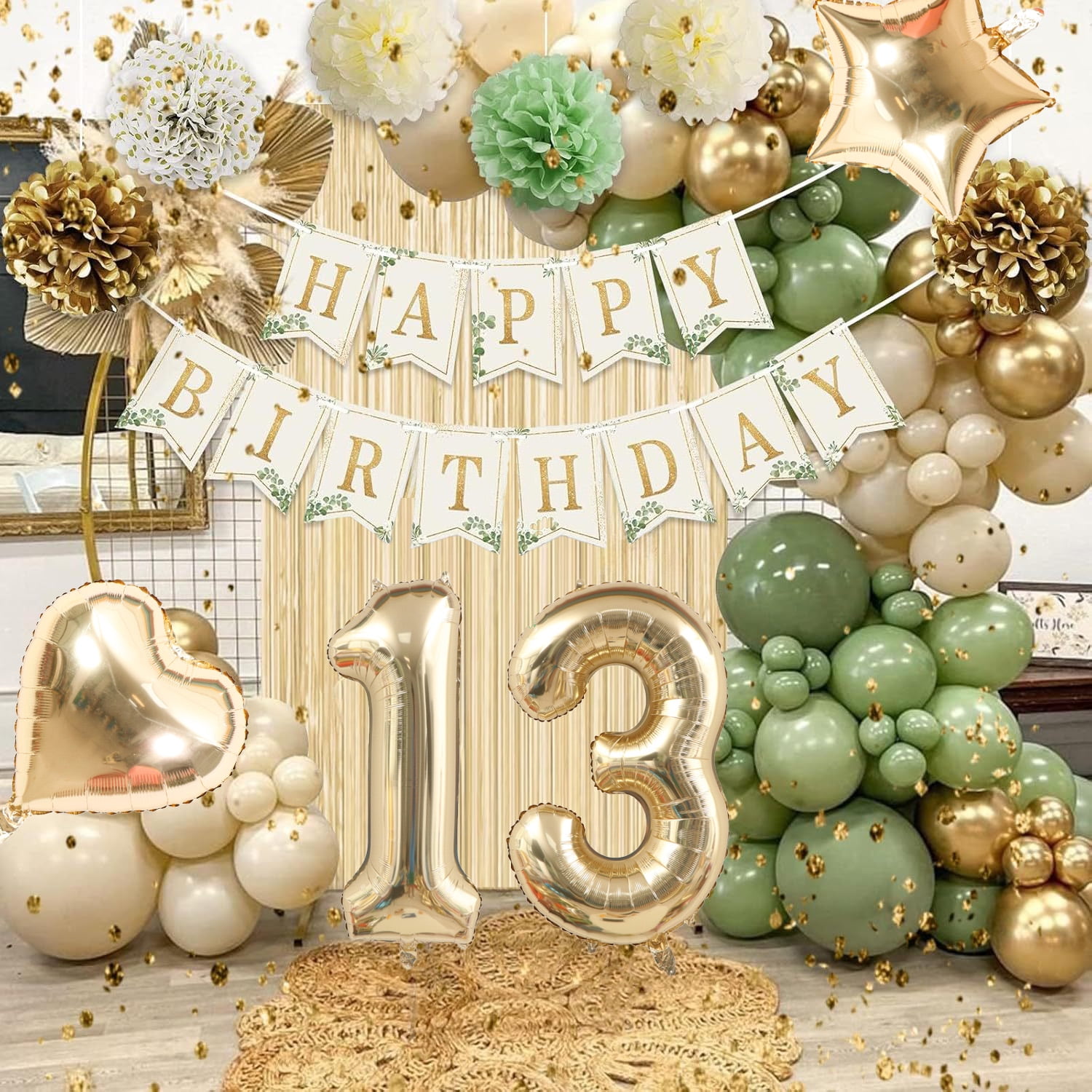Xugoox 52 Pcs 13th Birthday Decorations for Girls, Sage Green Birthday Decorations Kit with Happy Birthday Banner Sash Crown Tablecloth Fringe Curtain Green Balloons for 13 Year Old Party Decor