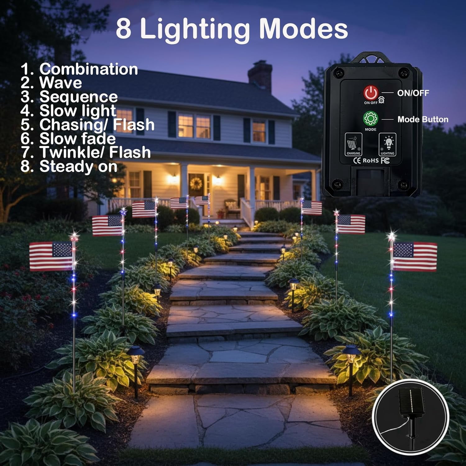 4th of July Decorations Outdoor American Flag Lights, 8-Pack Solar Powered Pathway Lights with USA Flags and LED Stars, Red White and Blue Patriotic Yard Decor, 26.5 Inch