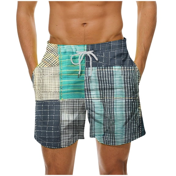 Umfun Men's Patchwork Plaid Board Shorts Quick Dry Elasticband Casual Swim Trunks with Pockets For Beach Surfing Summer Vacation and Resort Casual Wear