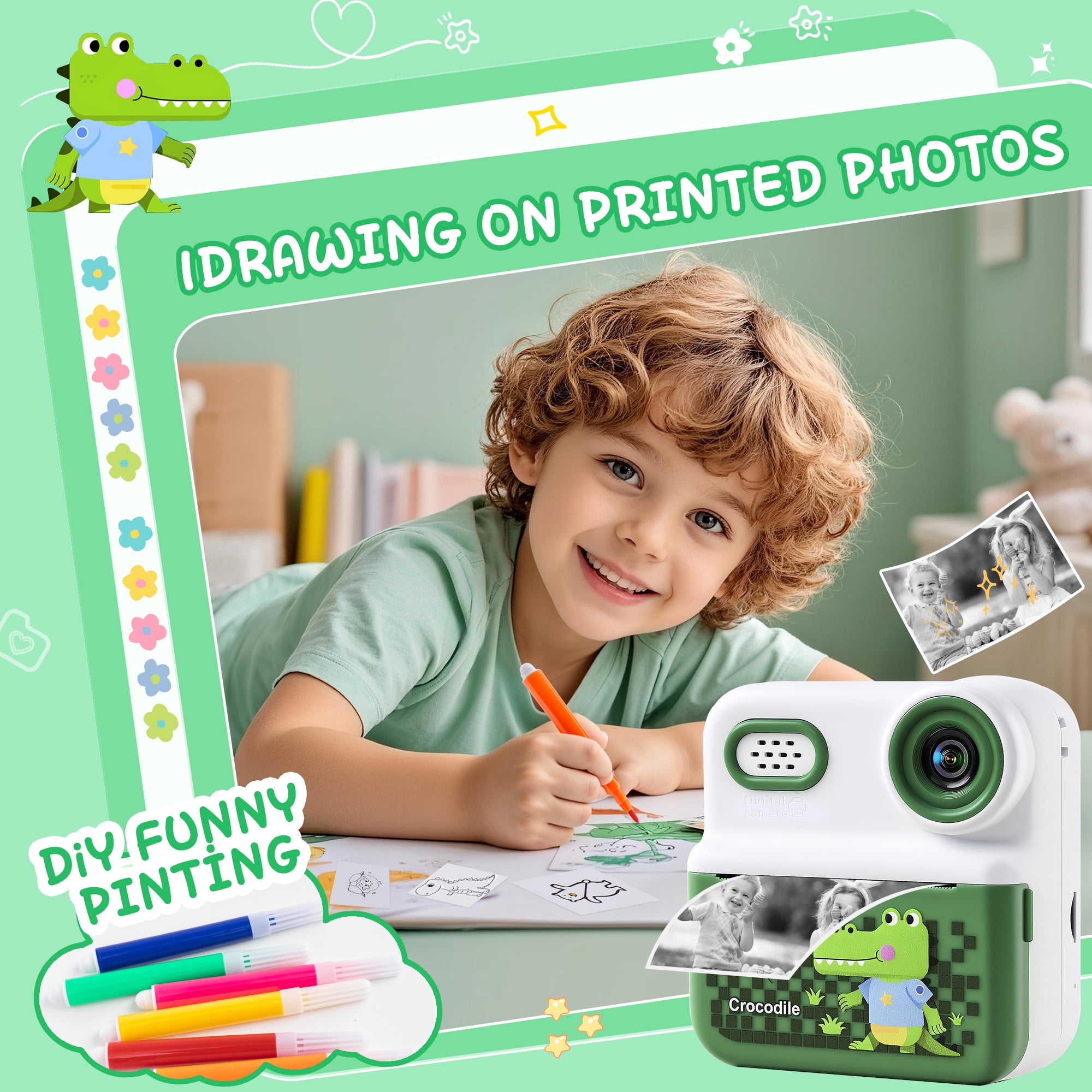 ALLJOY Instant Print Kids Camera with 64GB SD Card 1080P HD Digital Video Camera Toy for Toddler Kids, Christmas Birthday Gift for Girls Ages 3-12,  Green