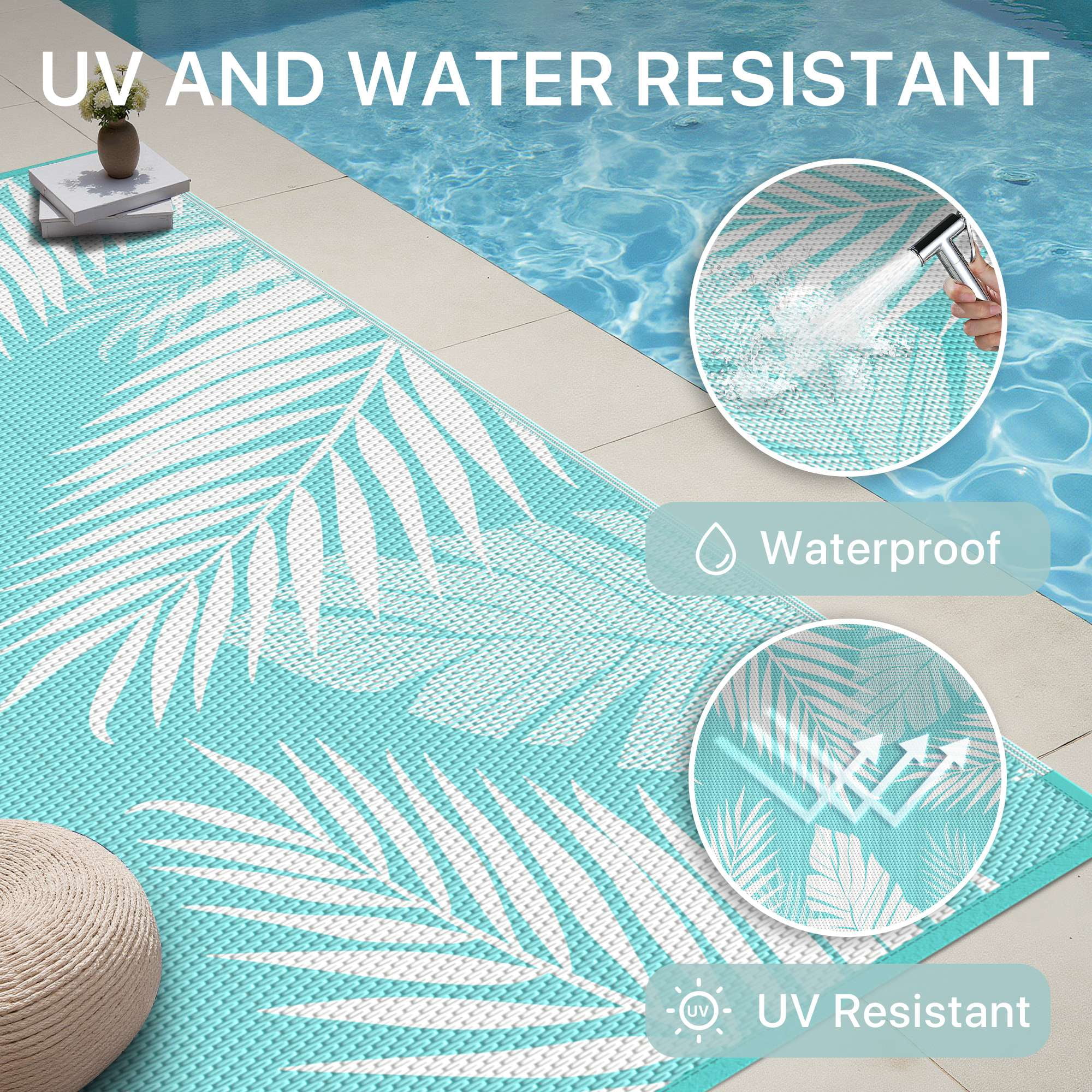DEORAB Outdoor Rug 8'x10' Waterproof Reversible Patio Rug Portable Plastic Straw Outside Carprt for Beach Garden RV Camping Porch Deck Backyard, Aquablue & White