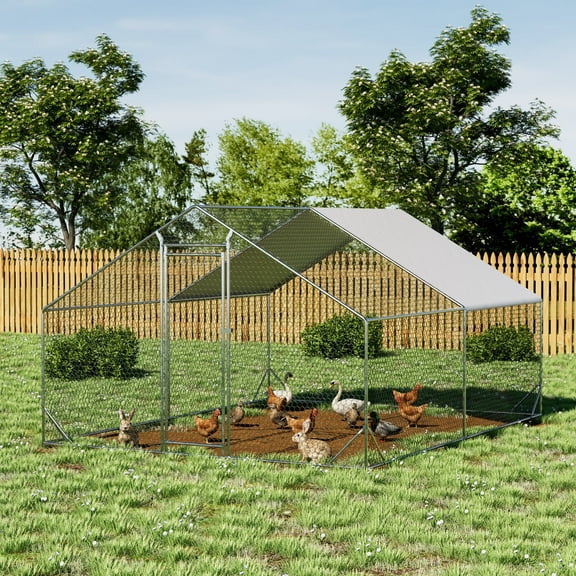 Ouyessir Outdoor Chicken Coop Large Metal Chicken Coop Flat Shaped, Walk-in Hen Cage, Outdoor Poultry Cage with Waterproof Cover for Backyard(10’L x 6.5’W x 6.36’H ft)