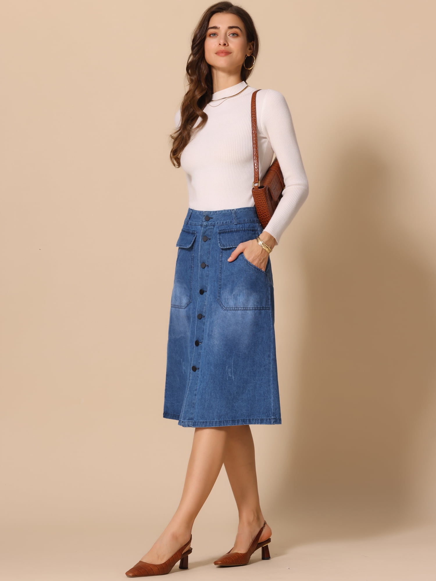 DARING DIVA Women's A-Line Button Front High Waist Midi Denim Skirts XS Blue