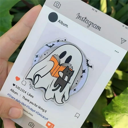 Ghost Holding Book and Cat Phone Grip: Halloween Cute Bookish Ghost with Cat Griptok, Spooky Magnetic Phone Holder