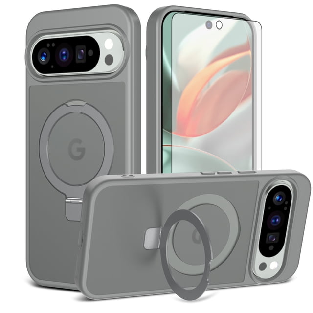 Asuwish Phone Case for Google Pixel 9 Pro XL/10 Pro XL Tempered Glass Screen Protector Magnetic Bracket stand Translucent Shockproof Protective Cell Cover Pixel9ProXL Pixel10ProXL Nine Women Men Grey