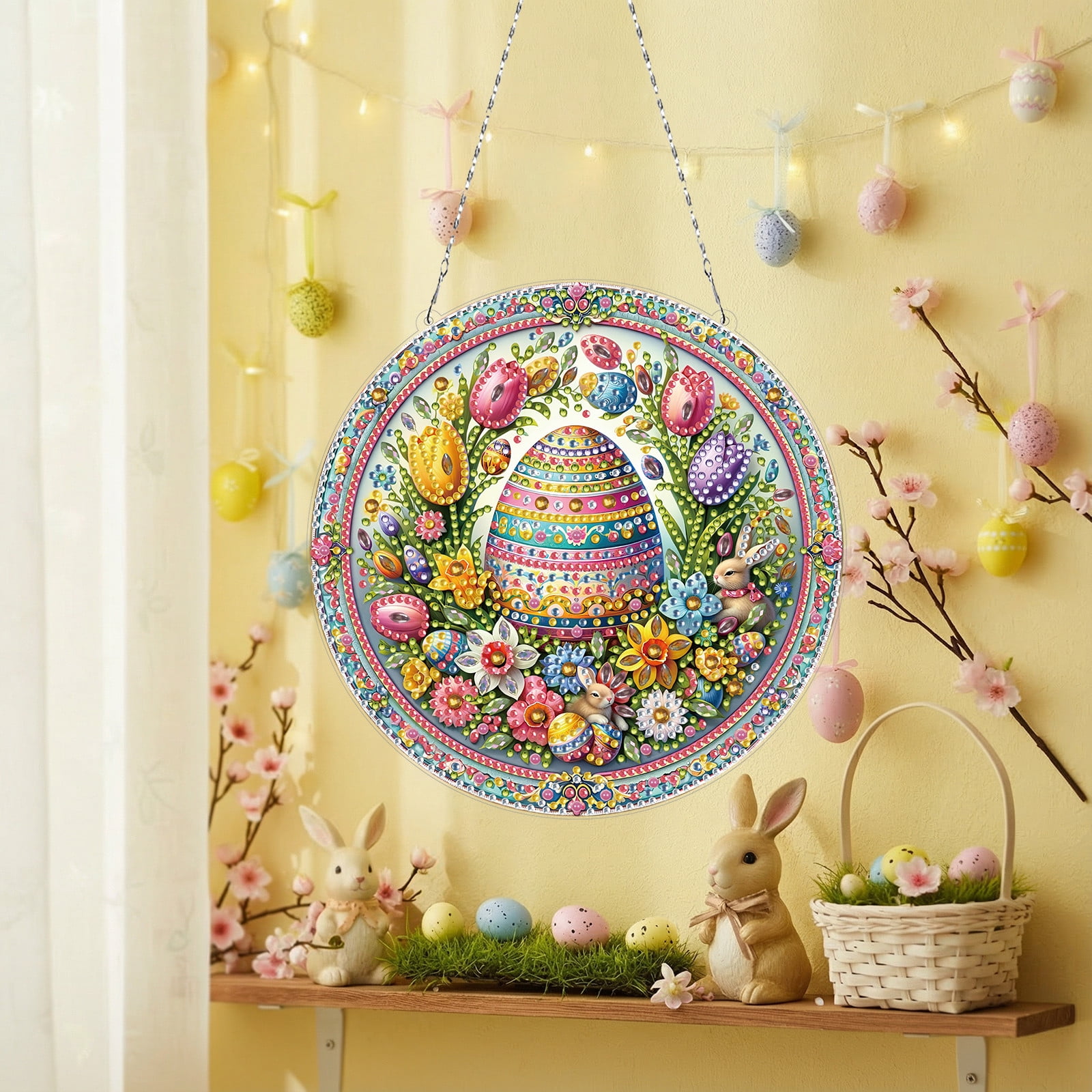FLOPESN Circular Traditional-Style DIY Diamond Art Painting Pendant Easter Creative Design PET Material Home Decor Pendant
