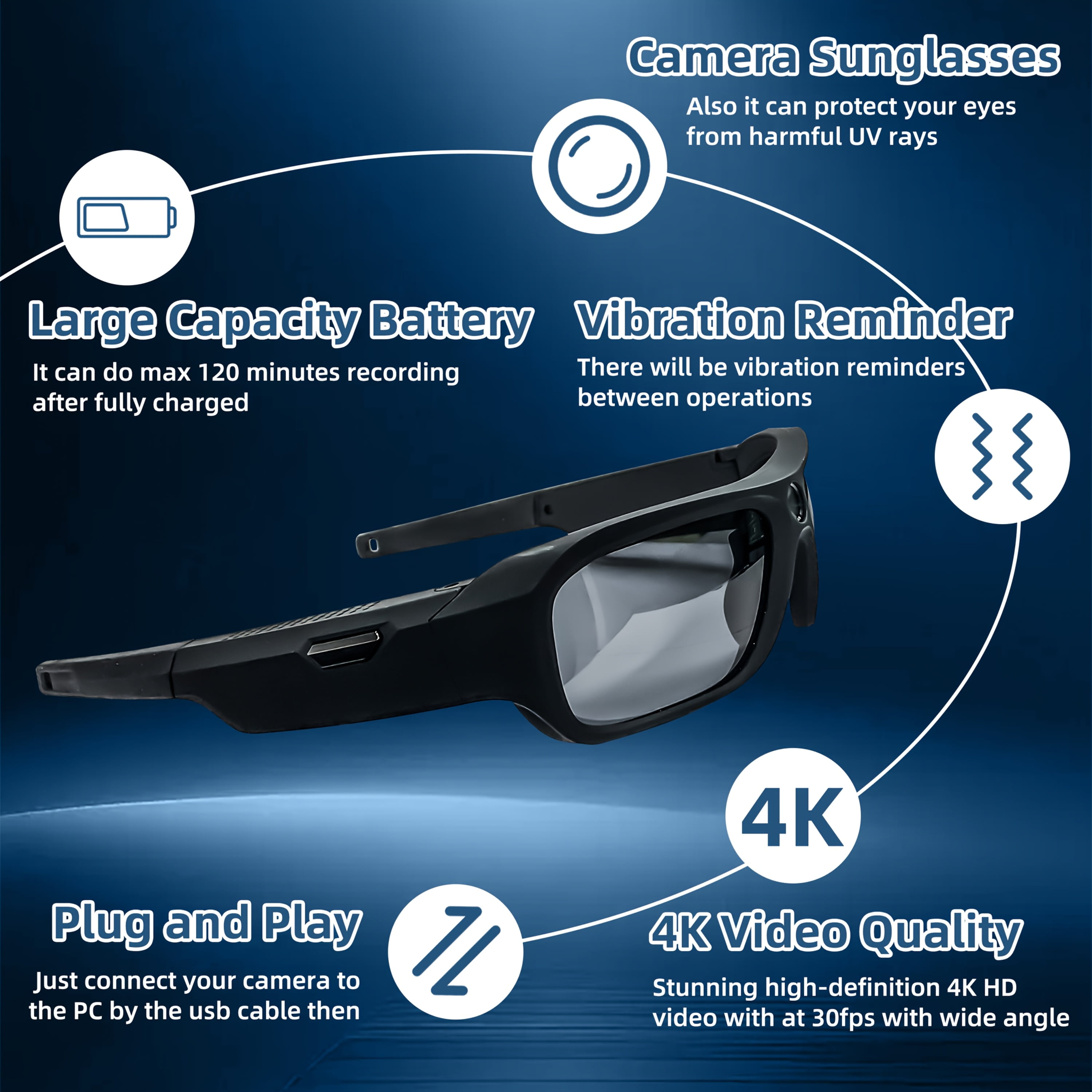4K Camera Glasses, UHD Video Camera Ultra-clear With 64GB Storage Card, Sports Camera, Bike Video Recorder, Action Cam Glasses Outdoor Sports Camcorder