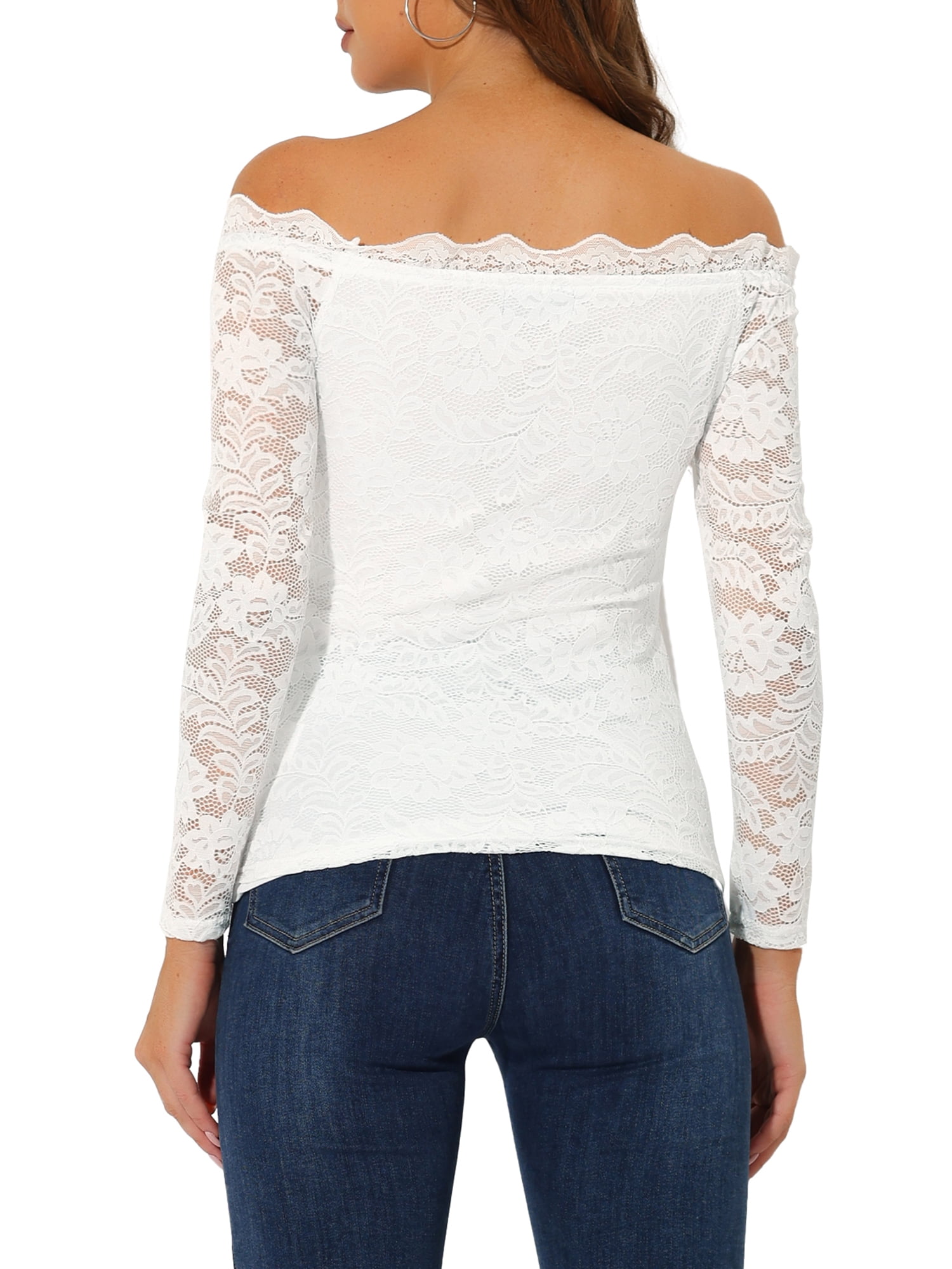 DARING DIVA Floral Lace Off Shoulder Sheer Blouse Top L White