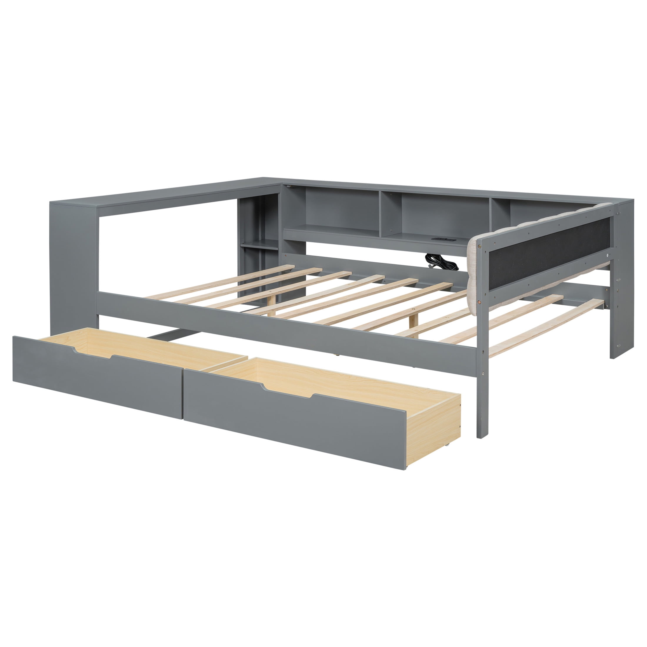 Noble House Udolf Full Platform Bed with Upholstered Headboard, Storage Shelves and Drawers, Charging Station, Gray