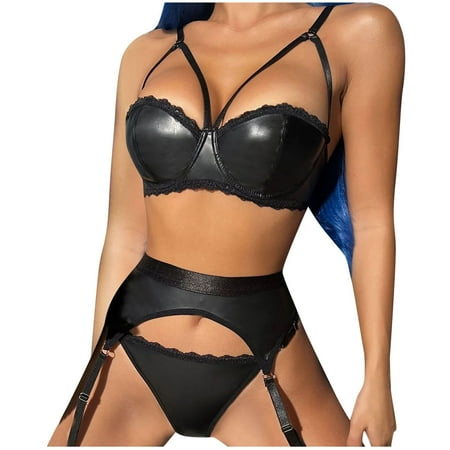 

YANHAIGONG Matching Family Swimsuits Sexy Women Lingerie Garter Belt Temptation Babydoll Underwear Sleepwear Faux Leather Underwear Suit
