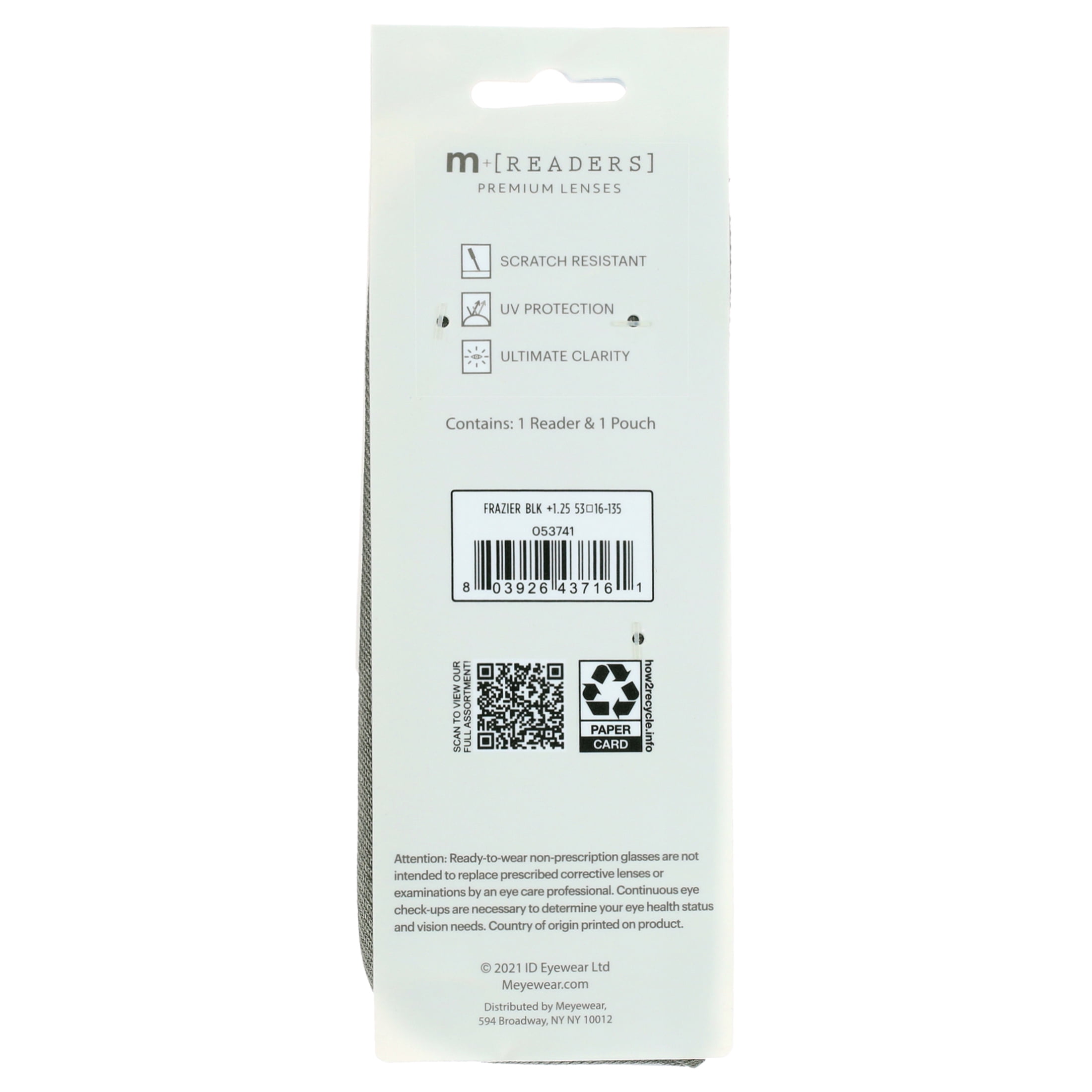M+ Fraizer +1.25 Reading Glasses, Black