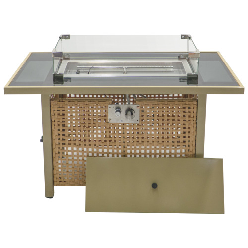 Propane Fire Pit Table Wicker & Steel, 60,000 BTU Rectangular Outdoor Heater with Tempered Glass Wind Guard & UV-Resistant Rattan, Orange