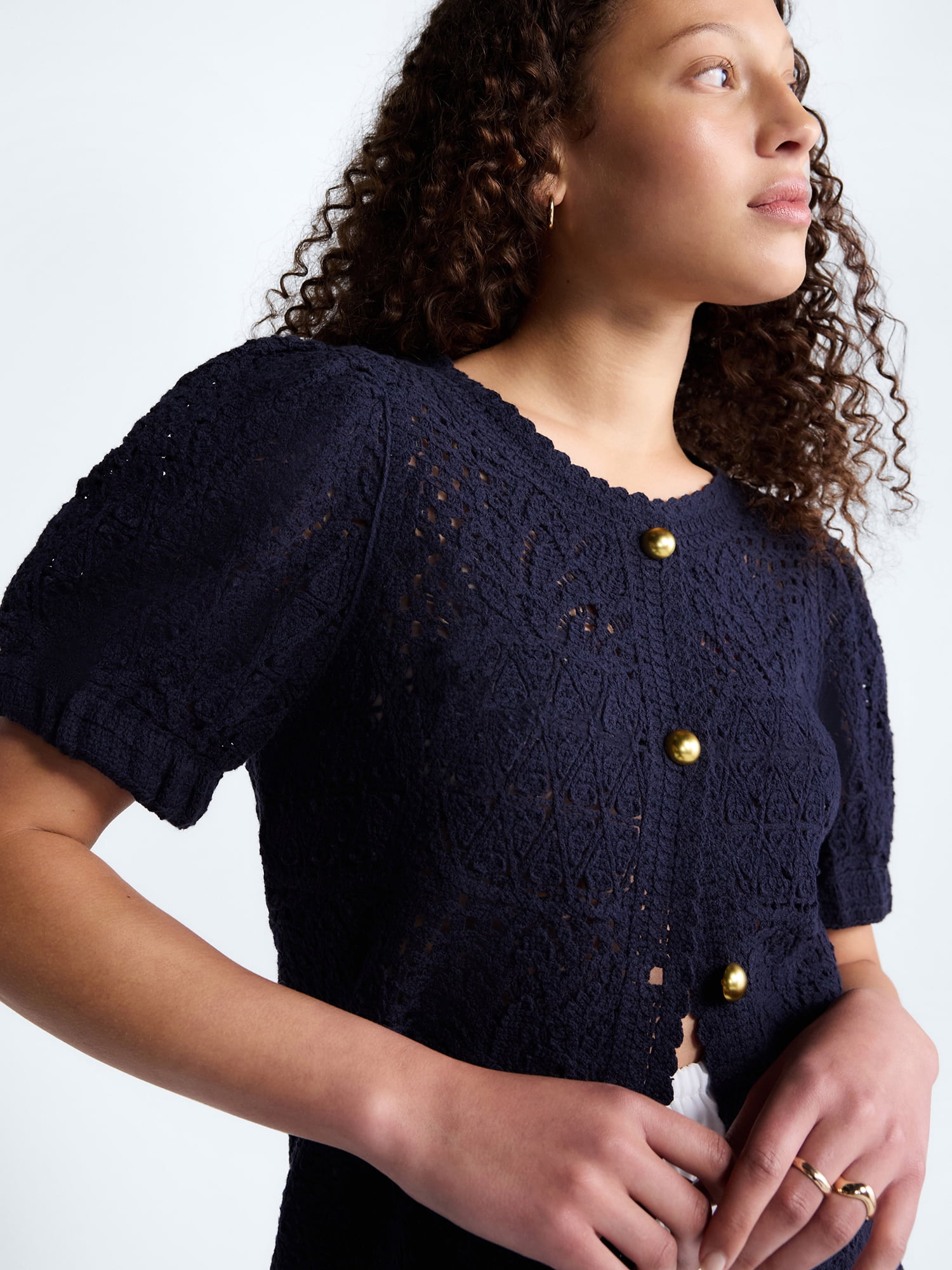 Free Assembly Women's and Women's Plus Pineapple Cardigan Sweater with Short Puff Sleeves, Lightweight, Sizes XS-4X