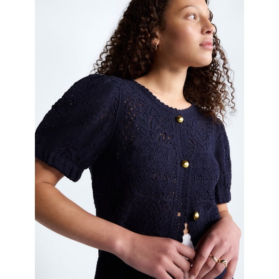 Free Assembly Women's and Women's Plus Pineapple Cardigan Sweater with Short Puff Sleeves, Lightweight, Sizes XS-4X
