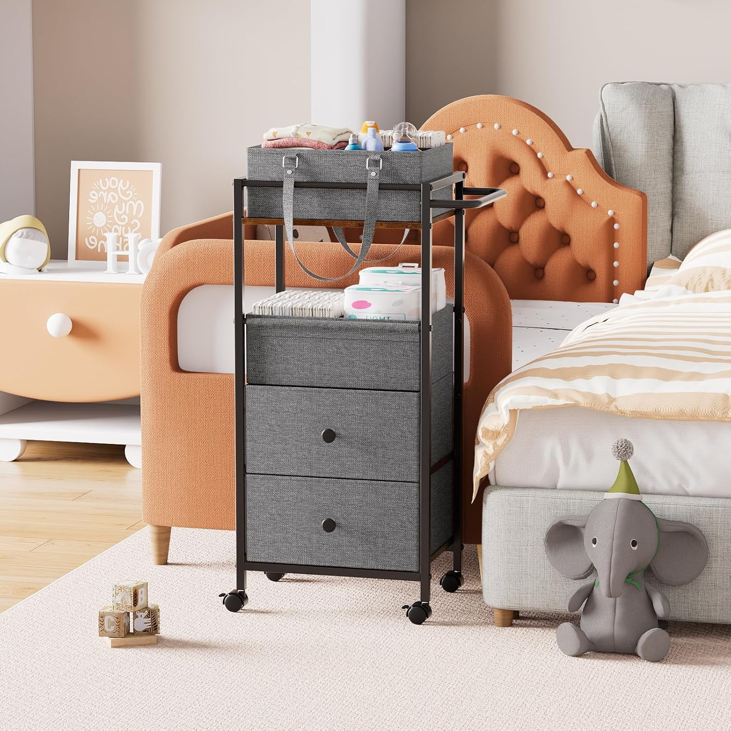 Diaper Caddy Organizer Cart with Drawers - 3In1 Rolling Storage Cart for Crib Bedroom Art &  (Black)