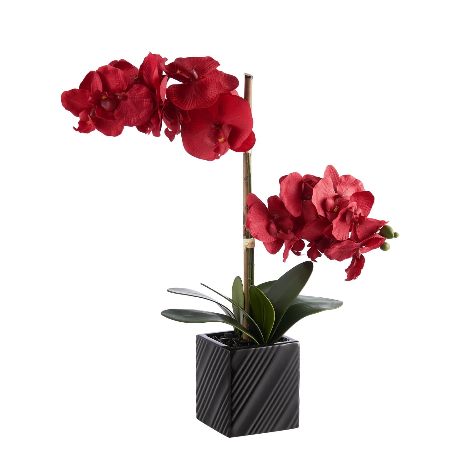 Synthetic Two Stem Artificial Orchid in Black Pot 21 inch HighRed