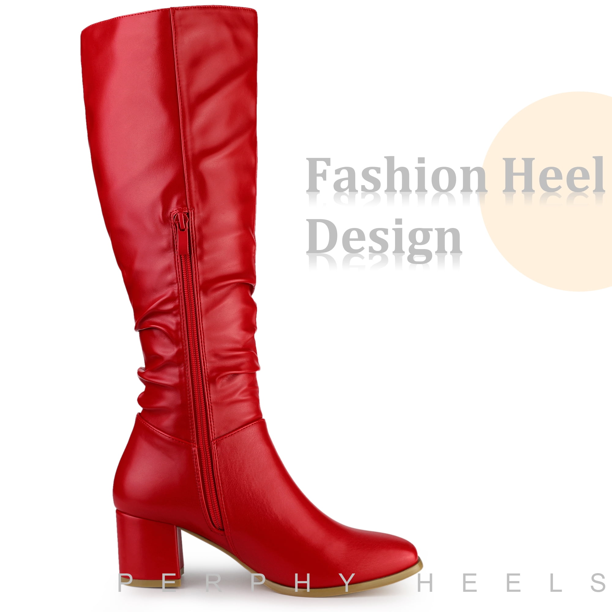 Unique Bargains Women's Slouch Square Toe Chunky Heels Knee High Boots Red 9