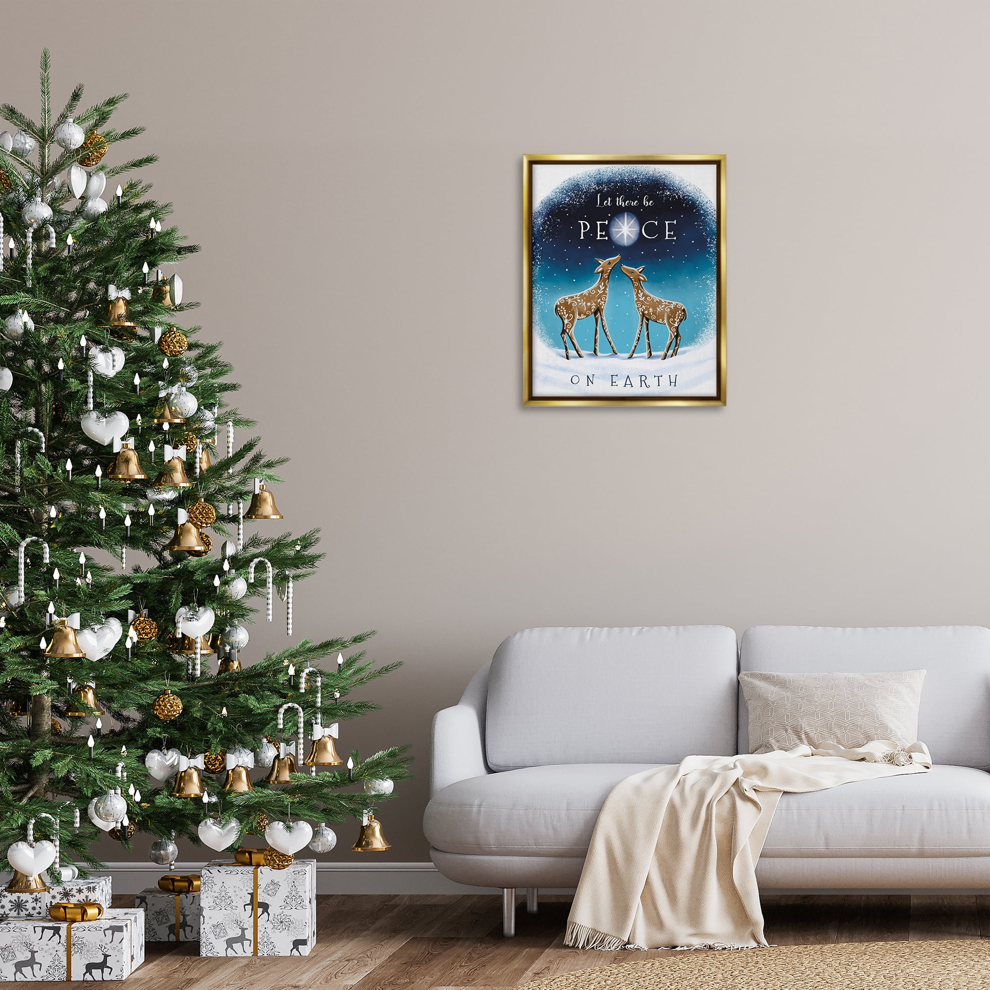 Stupell Industries Peace On Earth Reindeer Holiday Painting Gold Floater Framed Art Print Wall Art, 25 x 31