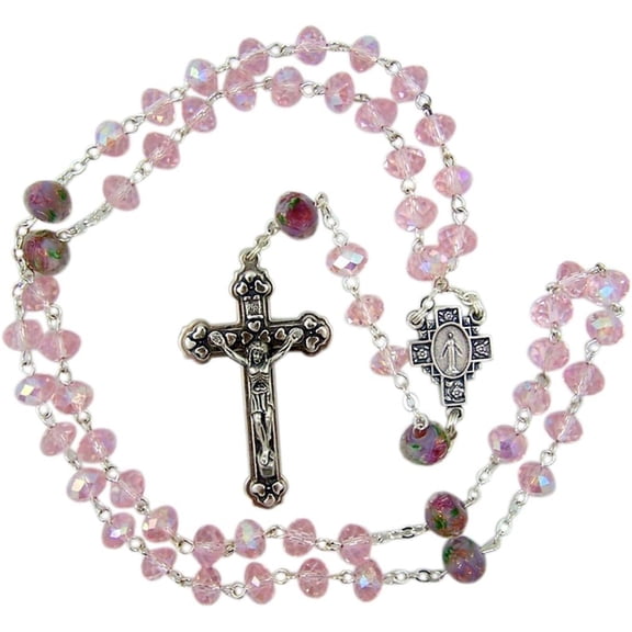 Chapelet en Étain Acrylique Rose avec Fleur, Perles de Prière Notre Père, 17 Pouces