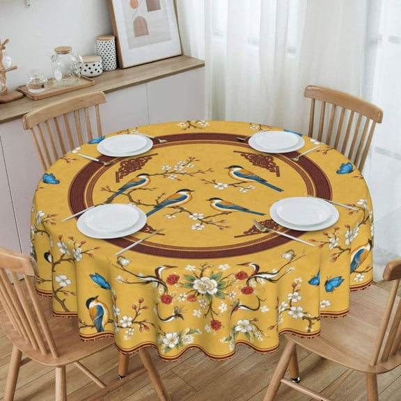 Blue Birds On Blossom Branches Round Tablecloth Polyester Waterproof & Washable 70" Table Cloth Indoor and Outdoor for Kitchen Dining Party Picnic Table Cover