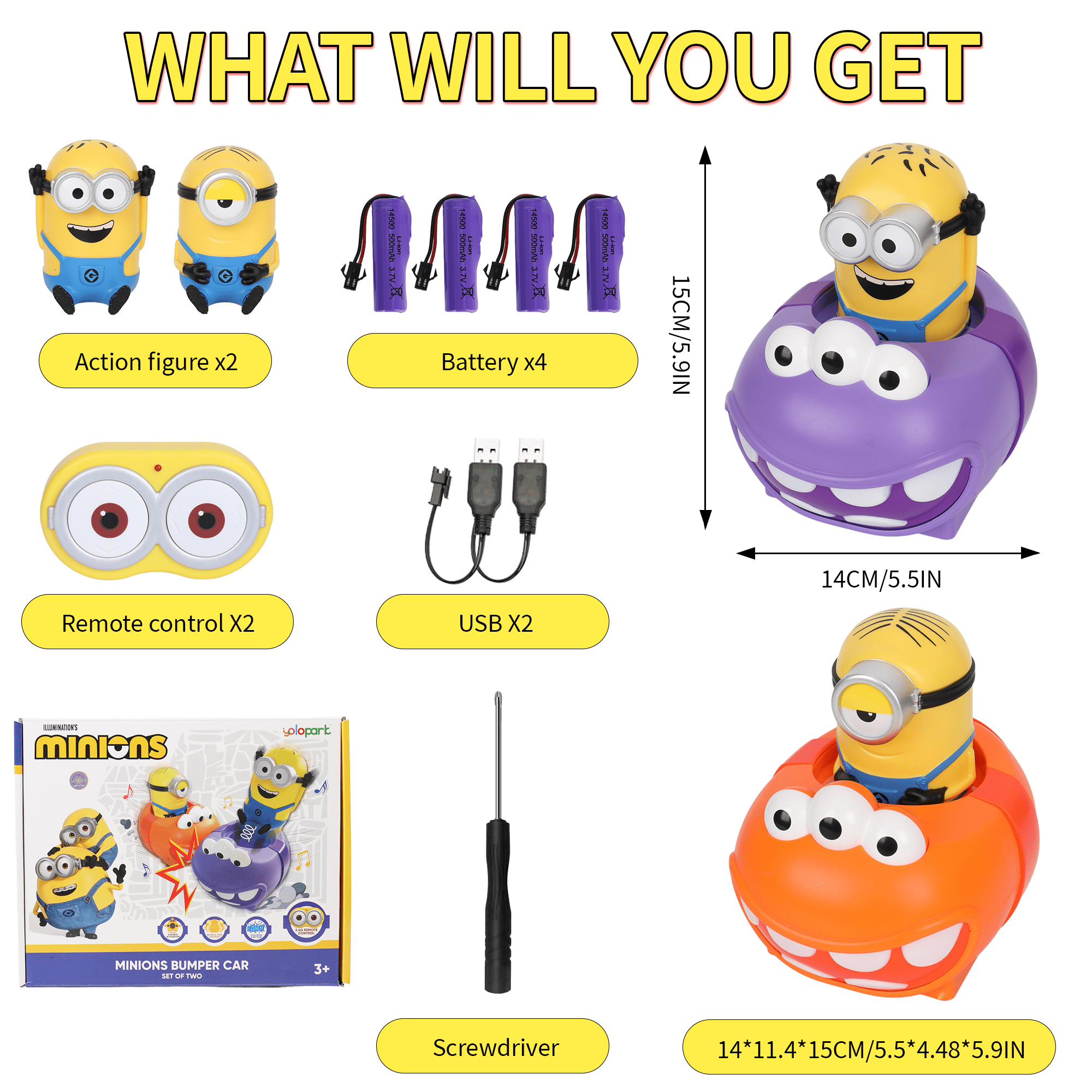 YOLOPARK Minions 2 PC Remote Control Car,Despicable Me RC Bumper Cars with Light & Sound Effect, Kids Toy for Boys and Girls