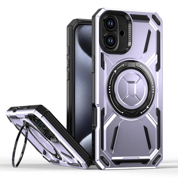 Magnetic for iPhone 16 Plus Case with Stand, Compatible with Mag-Safe Charging, Shockproof Protective Cover Rugged Phone Case, Built-in Rotatable Ring Holder Kickstand for iPhone 16 Plus, Purple