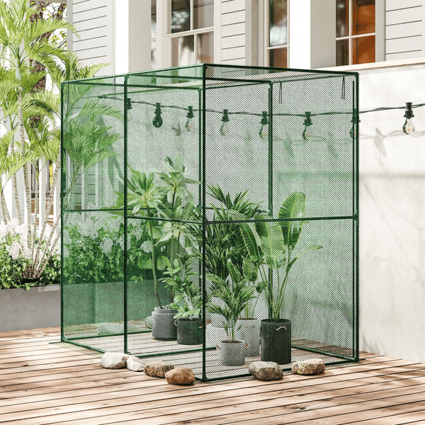 Green Crop Cage Plant Protector, Steel & HDPE Frame, Zippered Walk-in Door, Windproof Level 4 for Vegetables & Crops