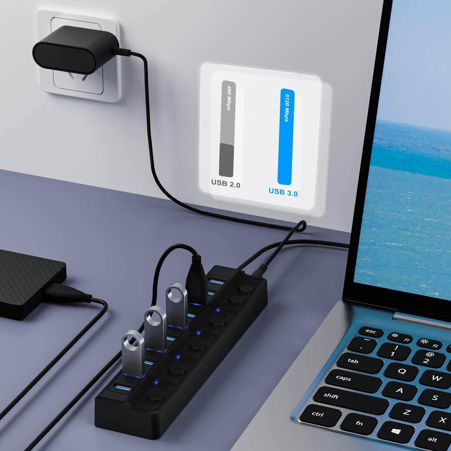 Powered USB Hub 3.0, 10-Port USB Splitter Hub with Individual On/Off Switches and 12V/2A Power Adapter USB Extension