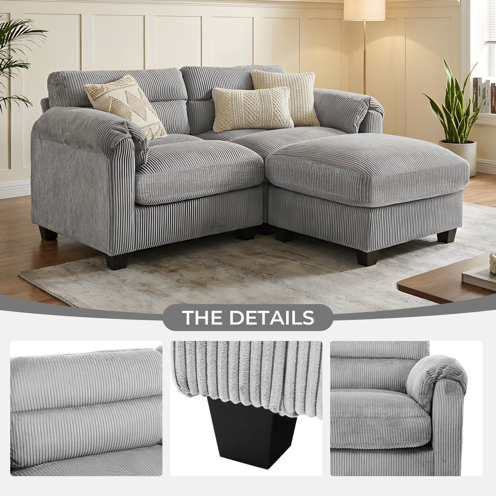Bonzy Home Modern Loveseat with Ottoman Modular Sectional Sofa Couches for Living Room Entertaining Guests or Relaxing Alone for Small Spaces Apartment Gray