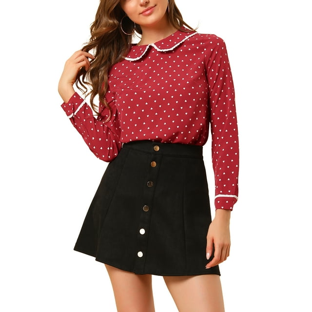 INSPIRE CHIC Chemisier Mignon à Volants pour Femmes Col Peter Pan Manches Longues Doux Rouge Blanc Cœur