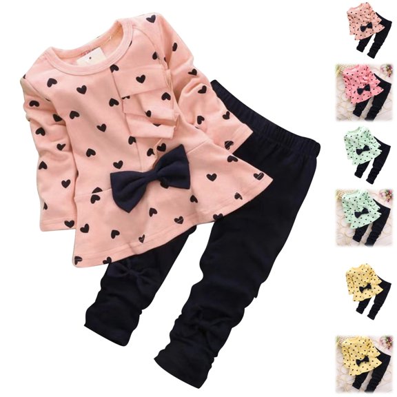 LTTVQM Kids Girls Clothes Cute Heart-Shaped Print Bow Tops Tee Shirt Pants Leggings 2Pcs Outfits Set