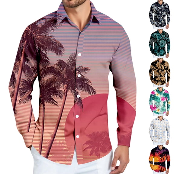 Mens Shirts Men's Hawaiian Casual Scenery Print Long Sleeve Button Up Shirt Summer Beach Shirt for Vacation Luau and Relaxed Wear Men's Clothing Watermelon Red L