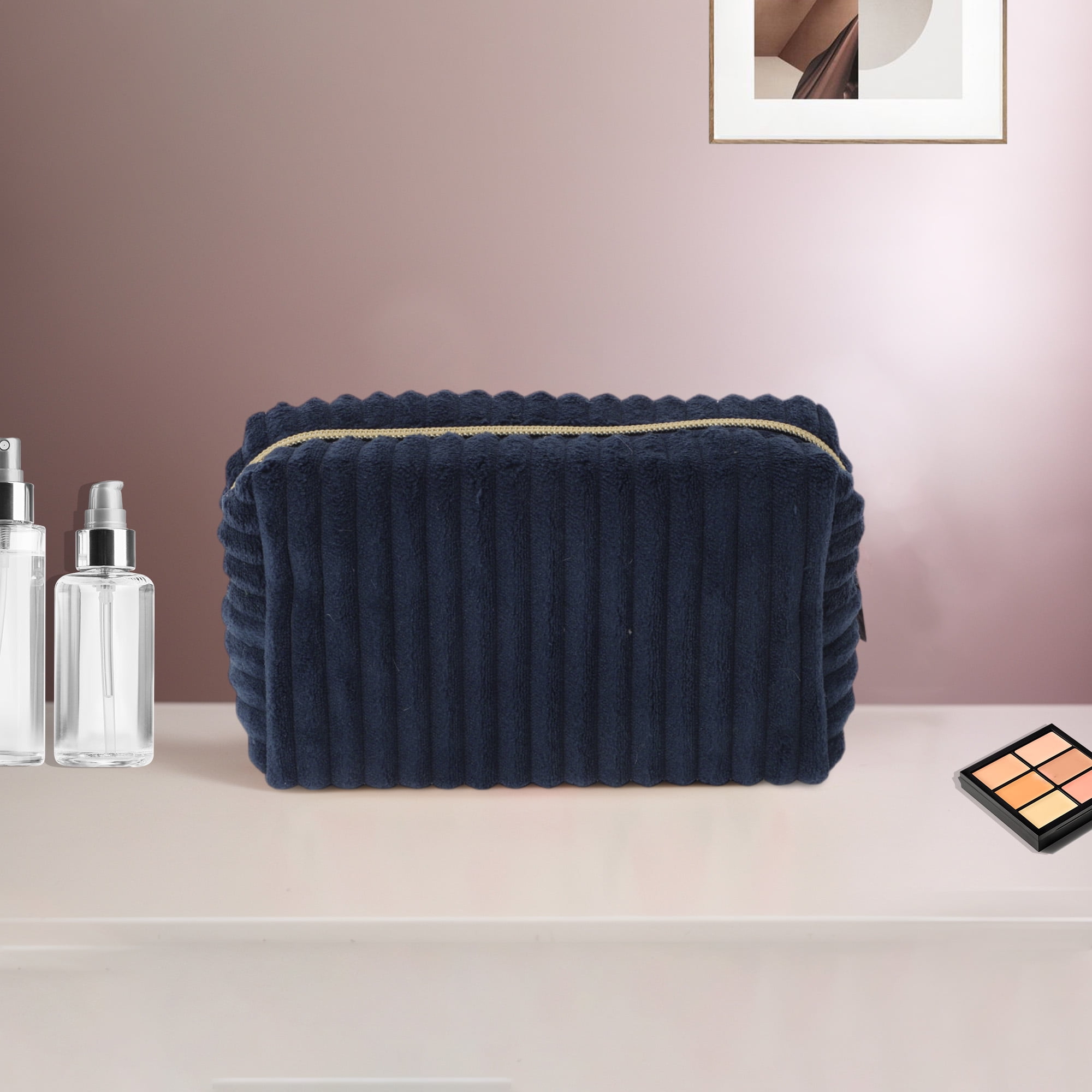 Unique Bargains 1 Pc Vertical Stripe Pattern Makeup Bag Navy Blue