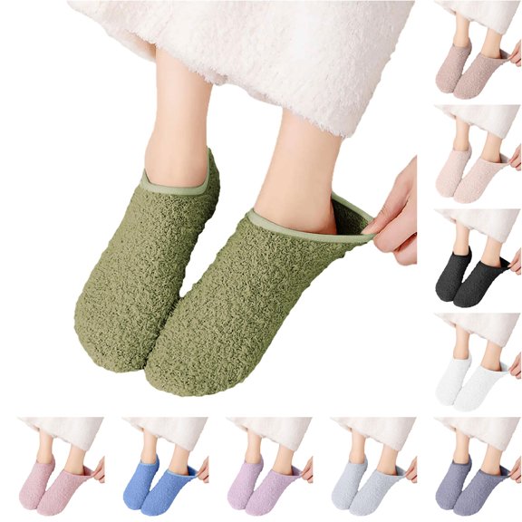 Daznico Women Low Cut On Fuzzy Slipper Socks Plush Lined Elastic Thermal Non Cozy Booties for Winter Indoor Floor Sleeping Loungewear