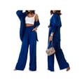 thumbnail image 5 of Women Pleated 2 Piece Outfit Loungewear Pants Set Long Sleeve Button Down Blouse Shirt Palazzo Pants Suit Streetwear, 5 of 8