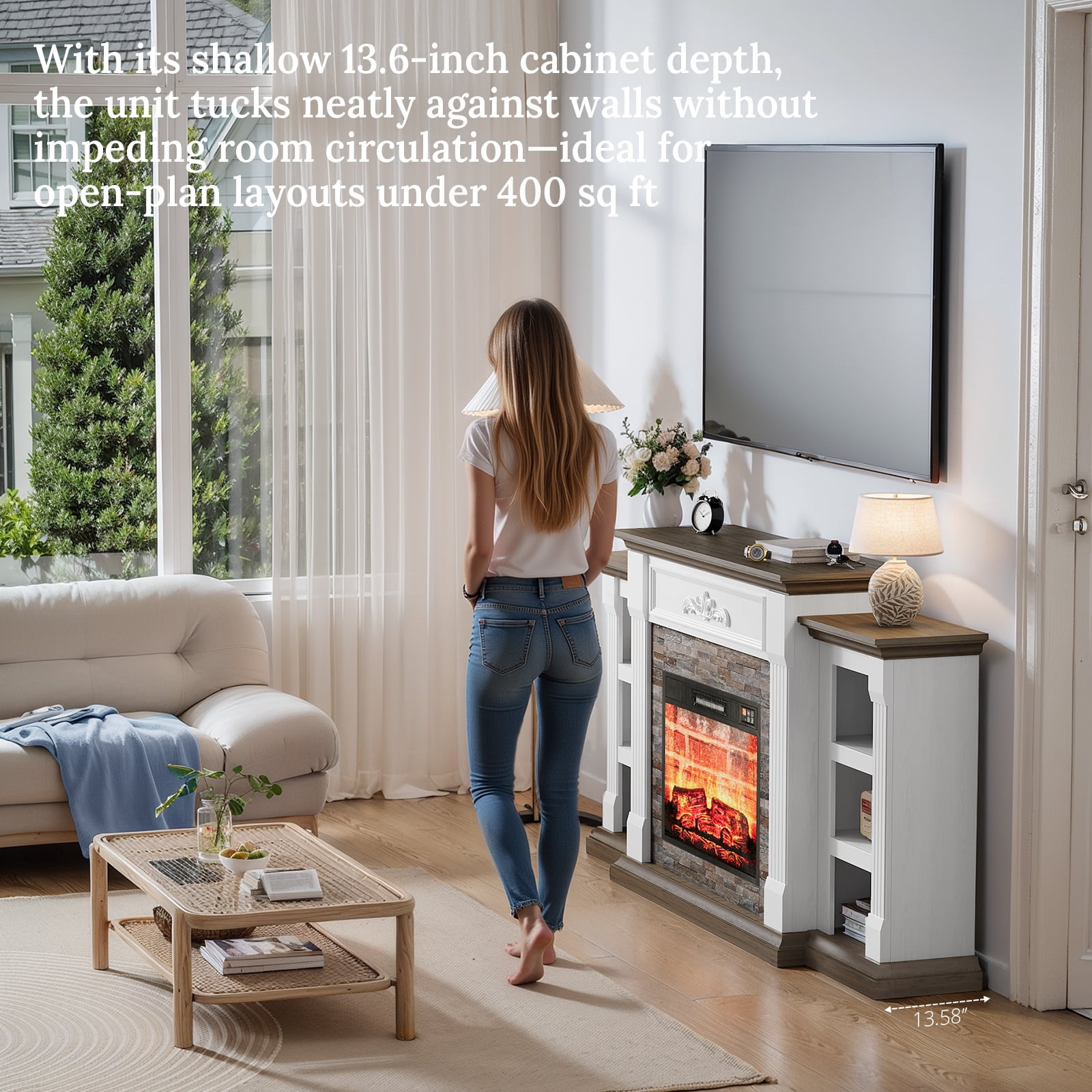 72" Electric Fireplace with Mantel, Stacked Stone Surround with 23" Fireplace Insert, Adjustable Flame, Red Brick Fireplace, White Brown
