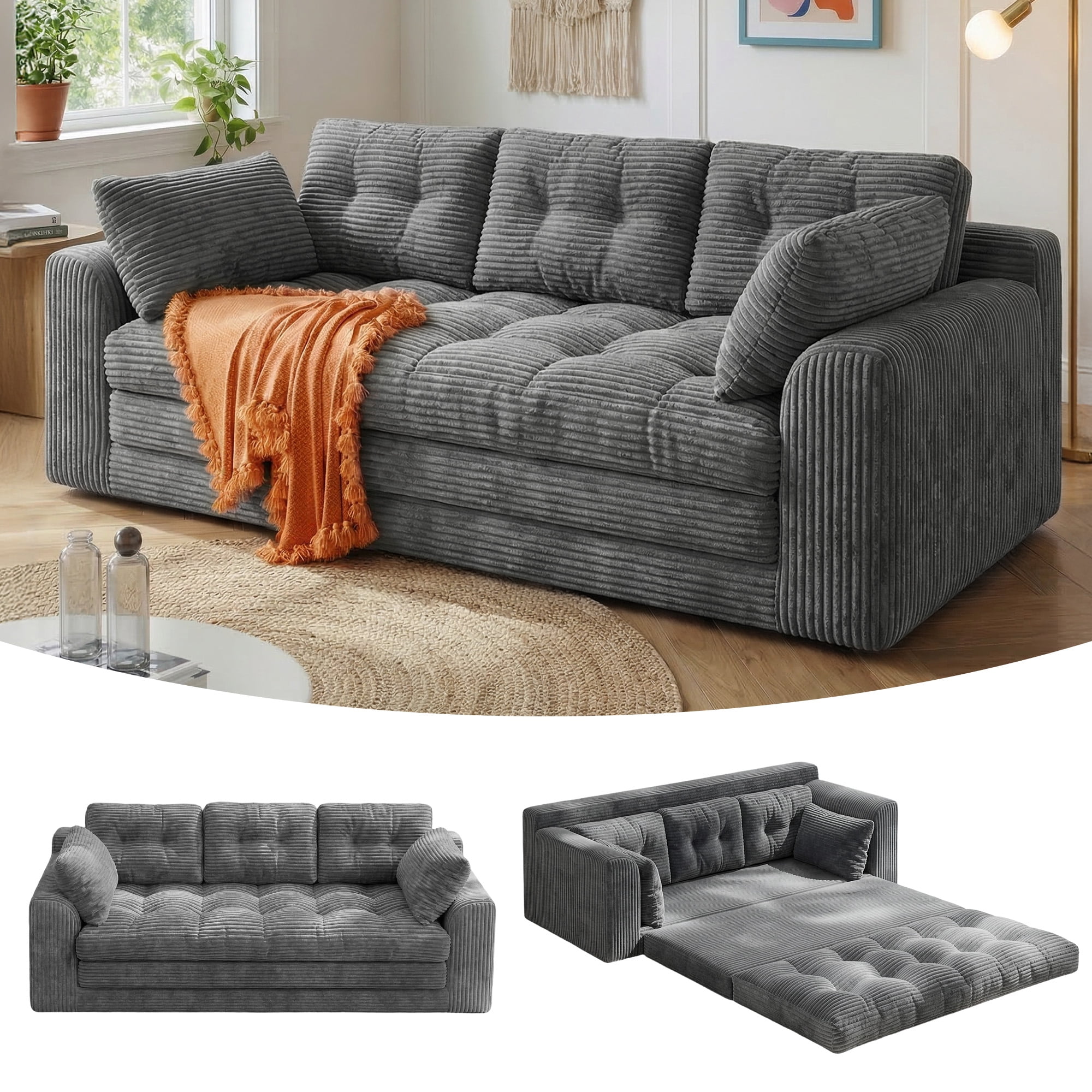 EnHomee 74.8" Foldable Sofa for Adult 3 Seater Sofa Bed Couch with Deep Seat Adjustable Floor Sofa Couch with 5 Pillows,Grey
