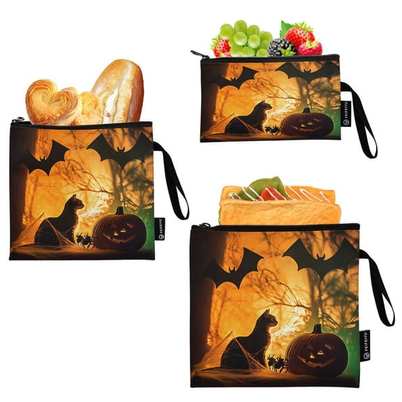 3 Size Reusable Food Storage Bags Set Airtight Zipper Closure Lunch Snacks Travel Organizer Black Bat Cat