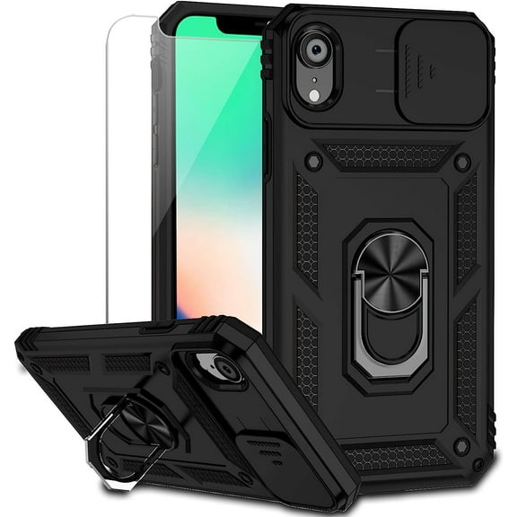 for iPhone XR Case, Dual Layer [15 FT Military Grade Drop Protection] Magnetic Ring Holder Kickstand Protective Phone Case for iPhone XR 6.1 inch (Black)